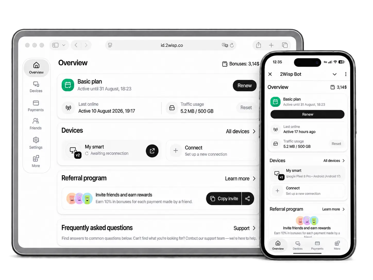 2Wisp account in a browser and Telegram bot on a phone: subscription, traffic and connected devices